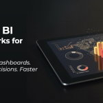 Clean, modern Power BI dashboard mockup layered over a transparent city skyline with glowing data connections.