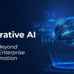 Futuristic AI interface connecting cloud icons (Azure, AWS, Power Platform) with enterprise workflows (dashboards, customer service, automation)