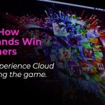 A customer journey map overlaid with Adobe dashboards (emails, analytics, campaigns) flowing seamlessly across devices.