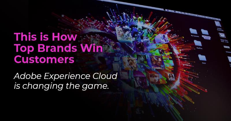 A customer journey map overlaid with Adobe dashboards (emails, analytics, campaigns) flowing seamlessly across devices.